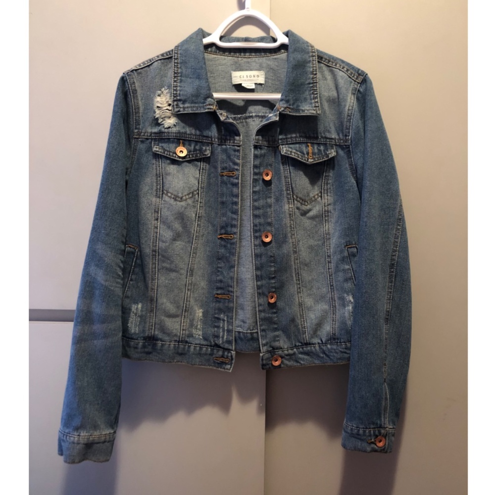 Distressed Denim Jacket with Rose Gold Buttons